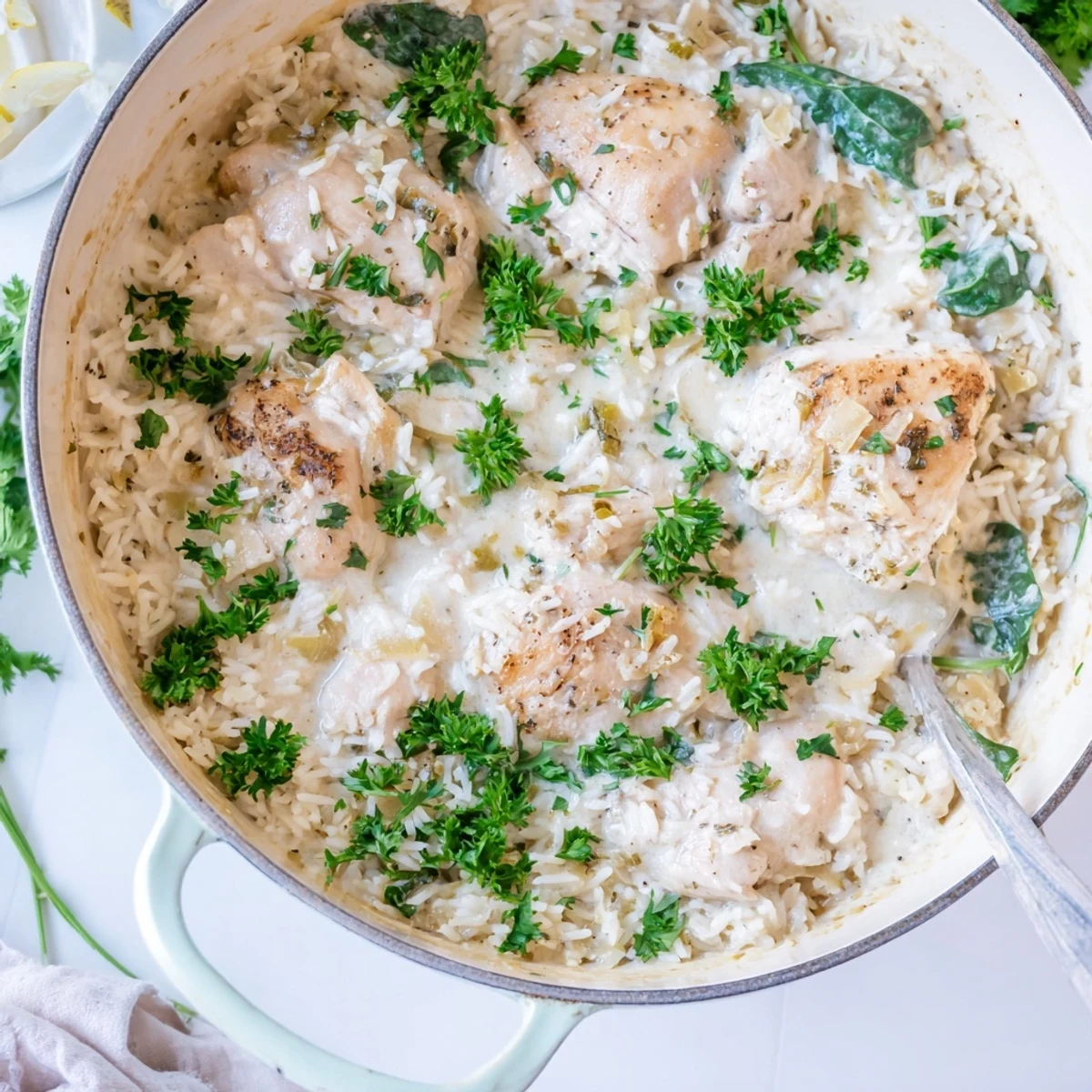 Golden chicken breasts nestled over creamy parmesan rice in this one pot angel chicken bake