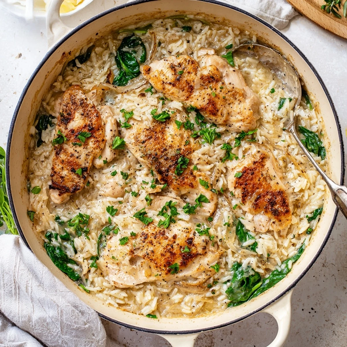 Creamy one pot angel chicken with tender rice baked under golden brown chicken pieces