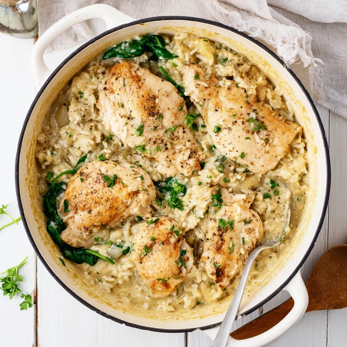 Savory one pot angel chicken rice bake featuring juicy chicken and rich parmesan cream sauce