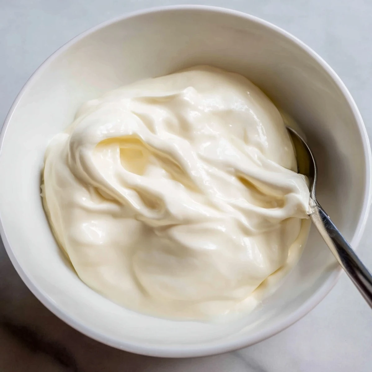 Rich Greek yogurt recipe displaying the strained texture in a glass jar with spoon