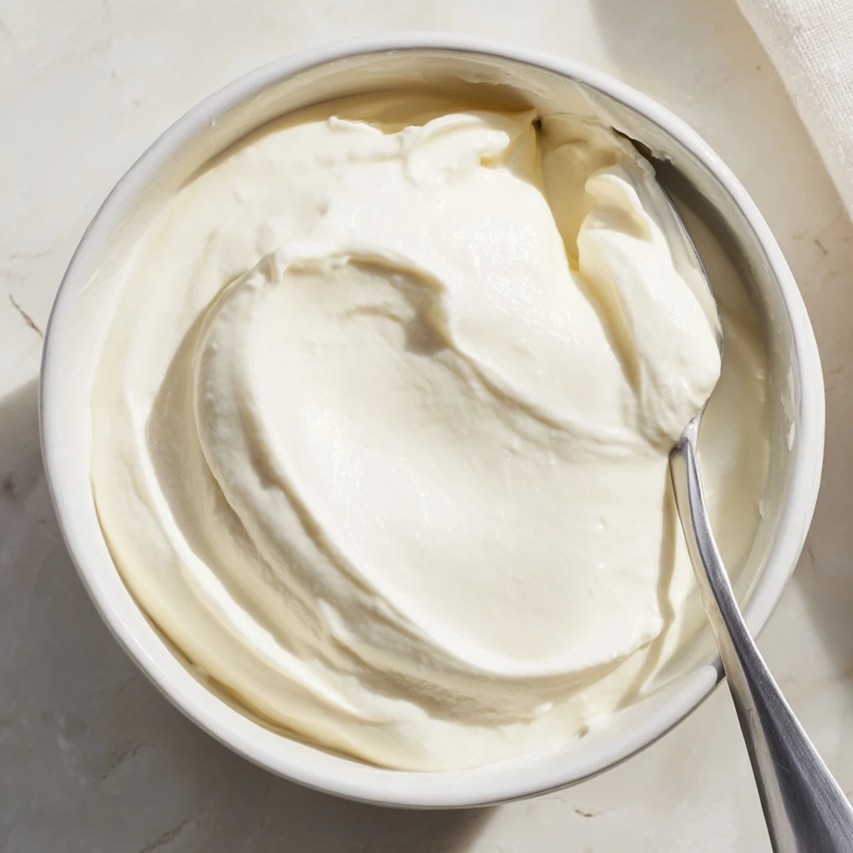 Thick homemade Greek yogurt topped with fresh honey and walnuts in a white bowl