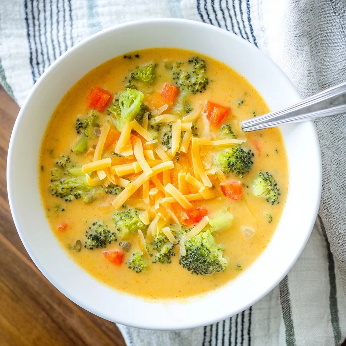Creamy broccoli cheddar soup topped with melted shredded cheese and fresh broccoli florets