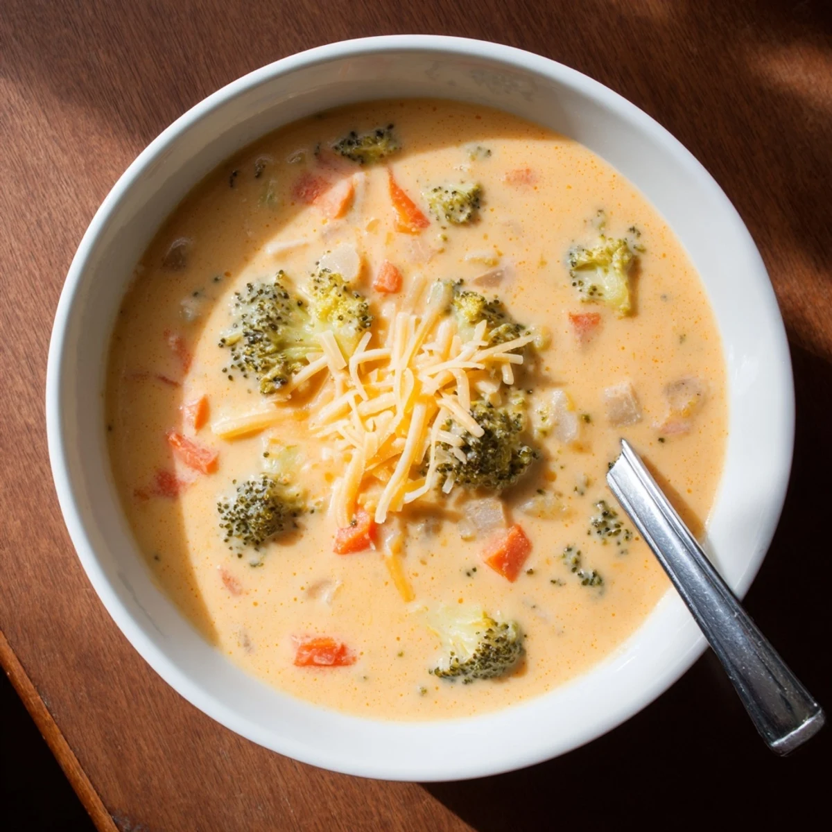 Rich and velvety slow cooker broccoli cheddar soup bubbling in a ceramic bowl