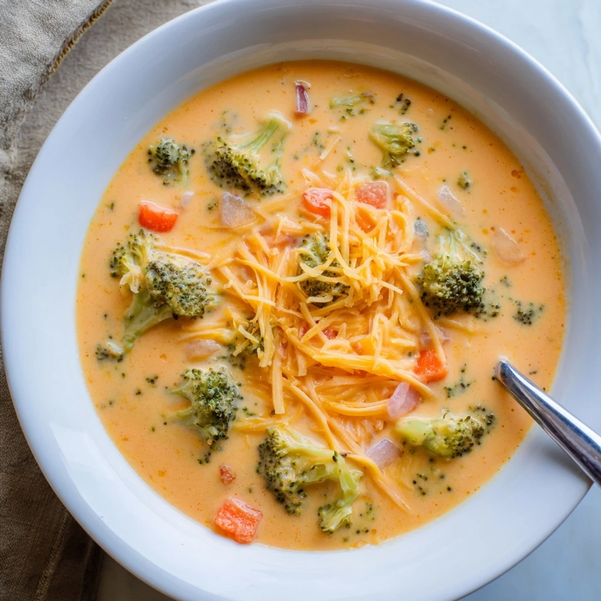 Golden slow cooker broccoli cheddar soup served with crusty bread for cozy dinners