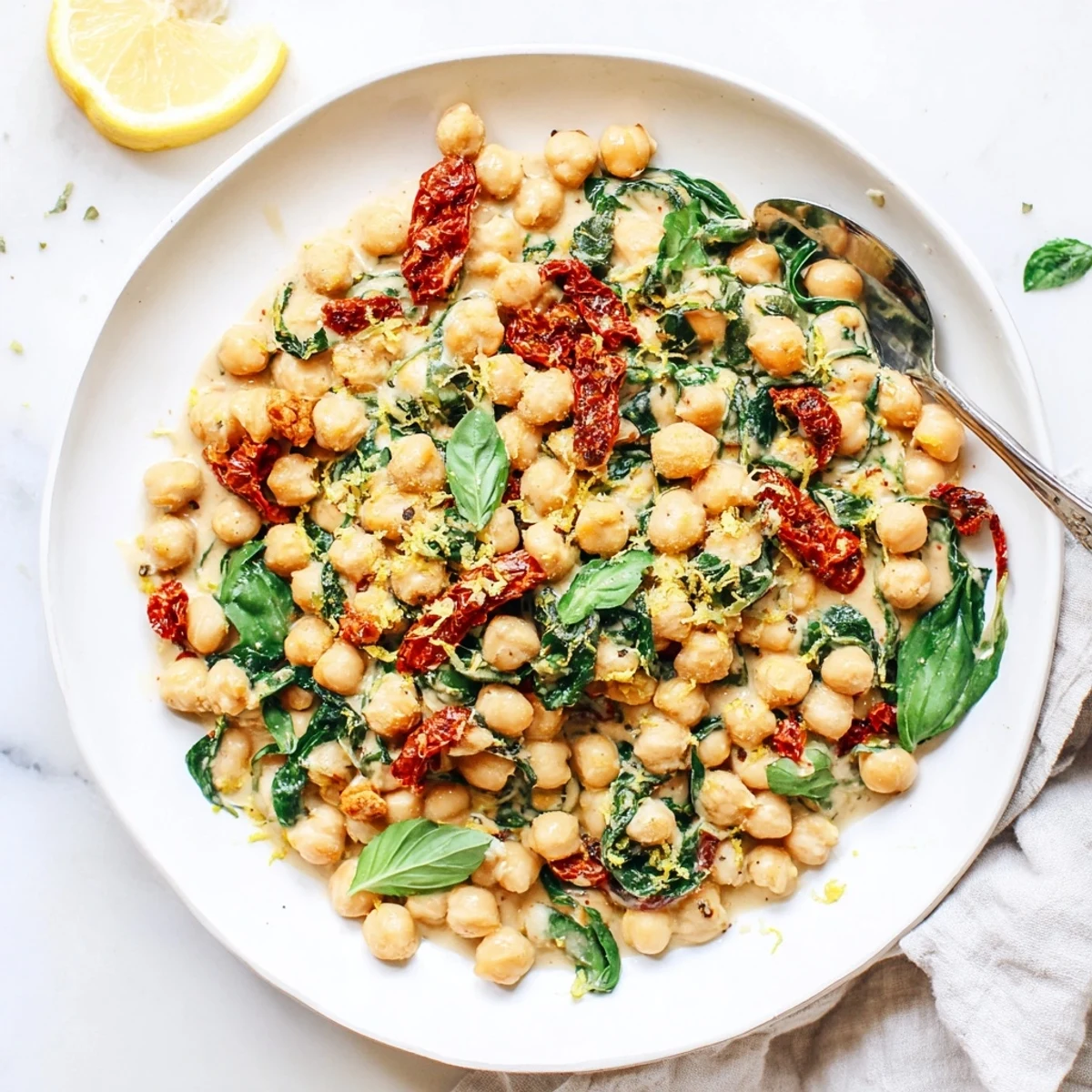 Golden chickpeas swimming in a luscious cream sauce with sun-dried tomatoes and garnished with lemon zest and basil