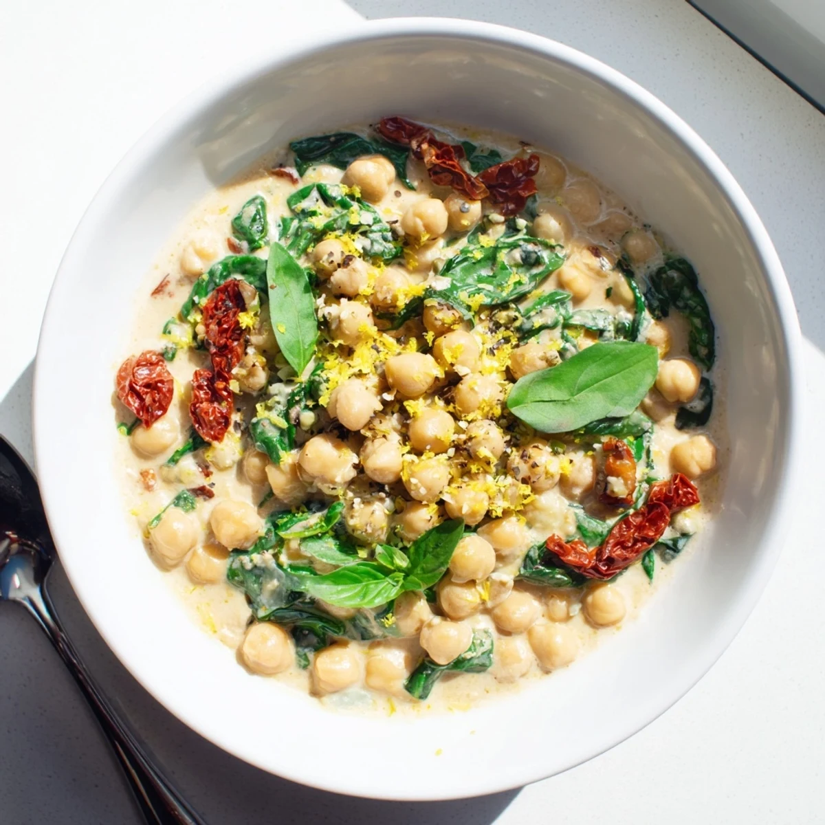 Hearty bowl of Marry Me Chickpeas featuring wilted spinach and aromatic spices over a bed of fluffy white rice