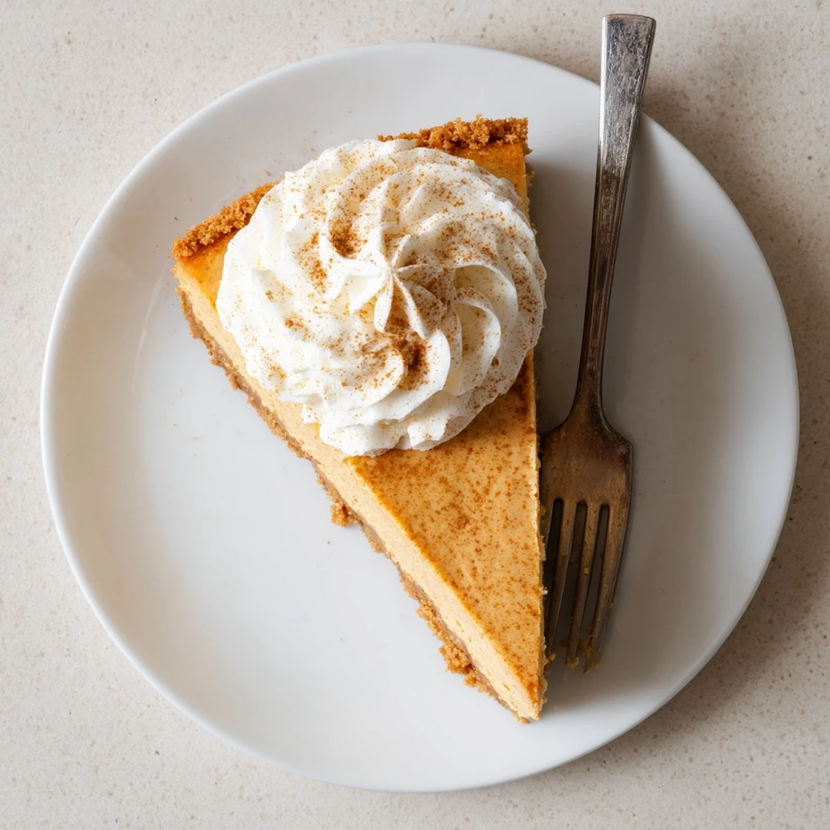 Golden pumpkin spice Christmas cheesecake slice with whipped cream and cinnamon dusting on white plate