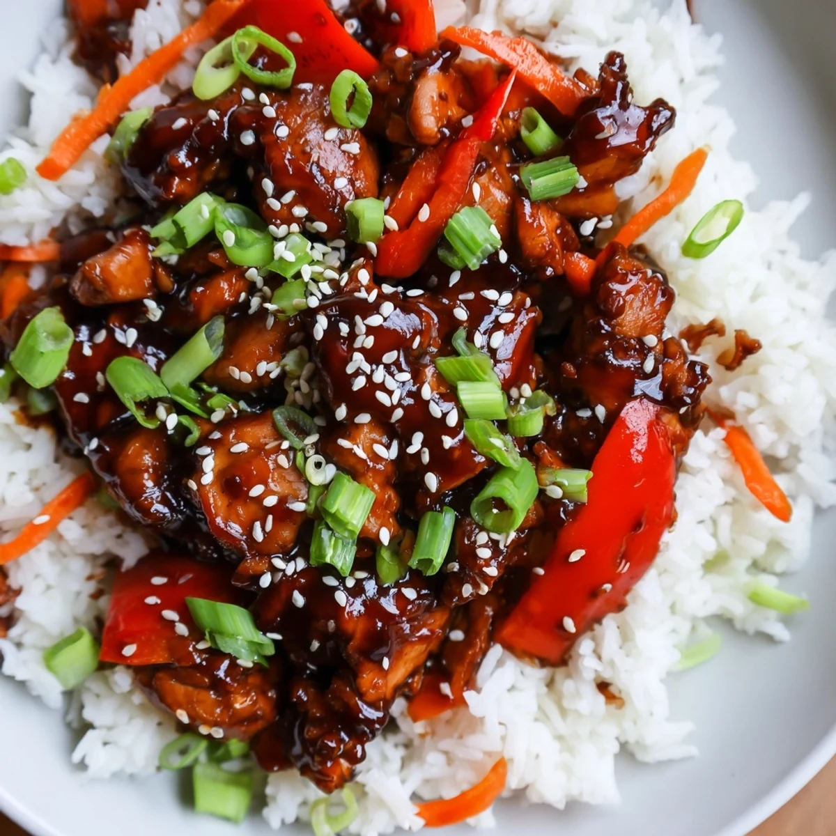 One Pan Korean BBQ Chicken and Rice served steaming in a cast iron skillet with sesame garnish