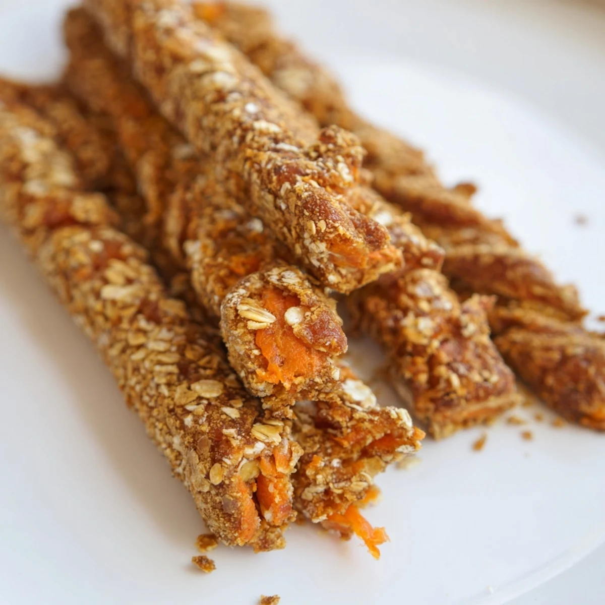 Golden homemade apple and carrot dog chew sticks arranged on a rustic baking sheet ready for treating