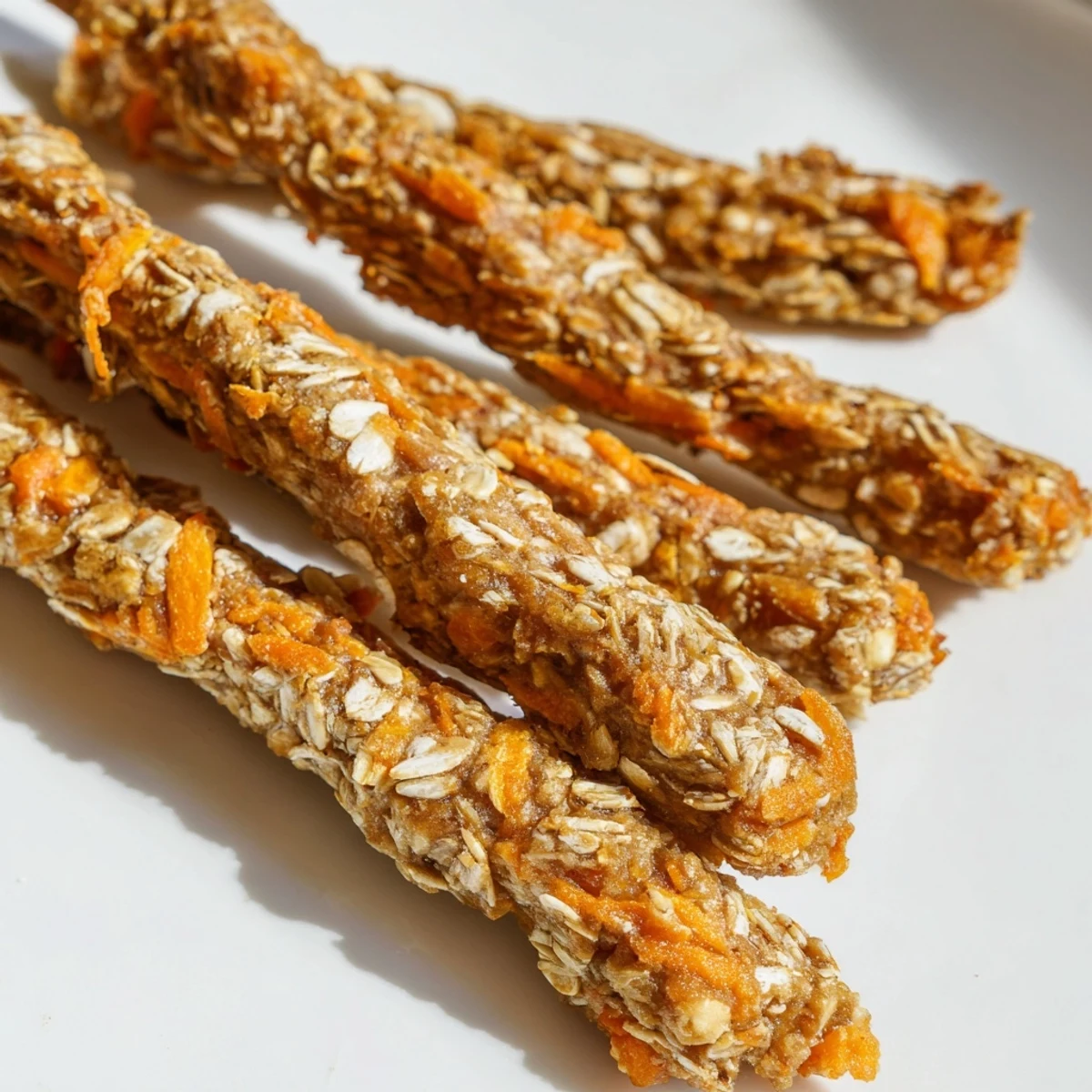 Crunchy baked apple and carrot dog chew sticks with visible flecks of fresh grated vegetables throughout