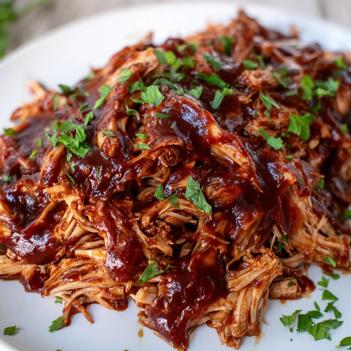Tender Sweet Baby Ray's crockpot chicken smothered in glossy barbecue sauce on a white plate
