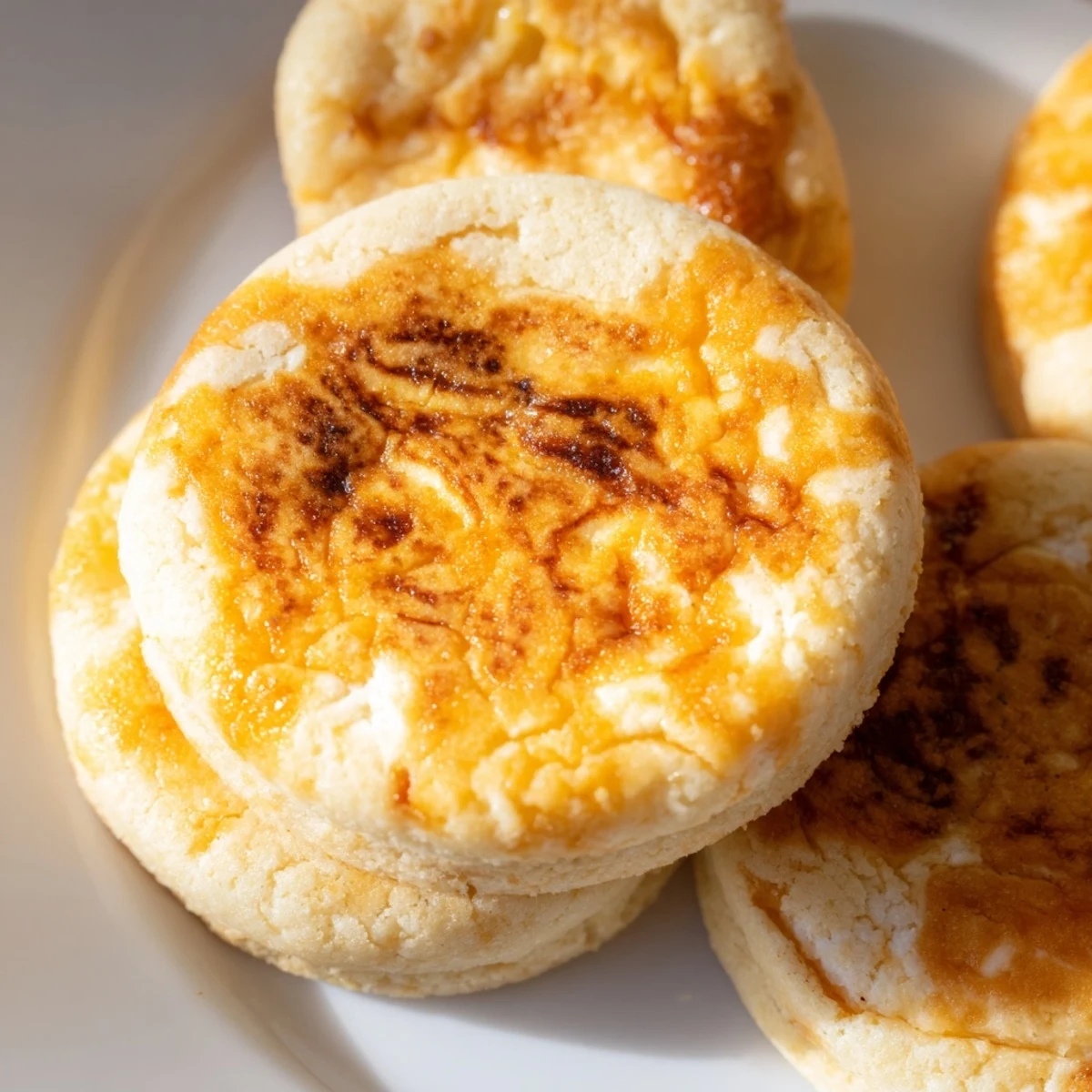 Soft baked creme brulee cookies with caramelized golden sugar tops on rustic wooden board