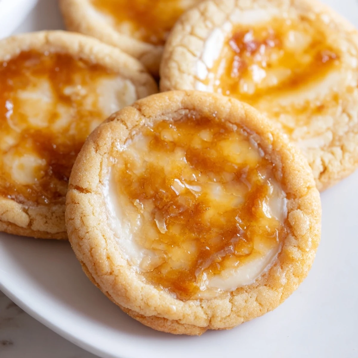 Creamy vanilla filling peeking through soft baked creme brulee cookies fresh from oven