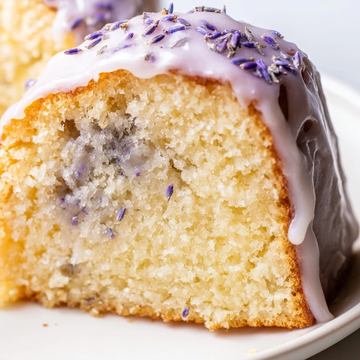 Lavender cake with lemon glaze drizzled over a tender golden crumb flecked with purple buds