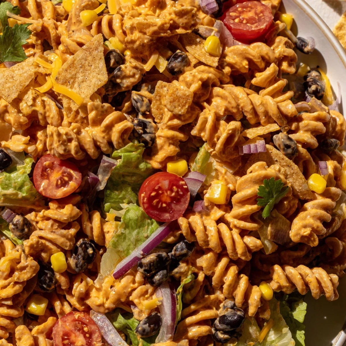 Colorful Taco Pasta Salad loaded with tomatoes, corn, black beans, and creamy dressing