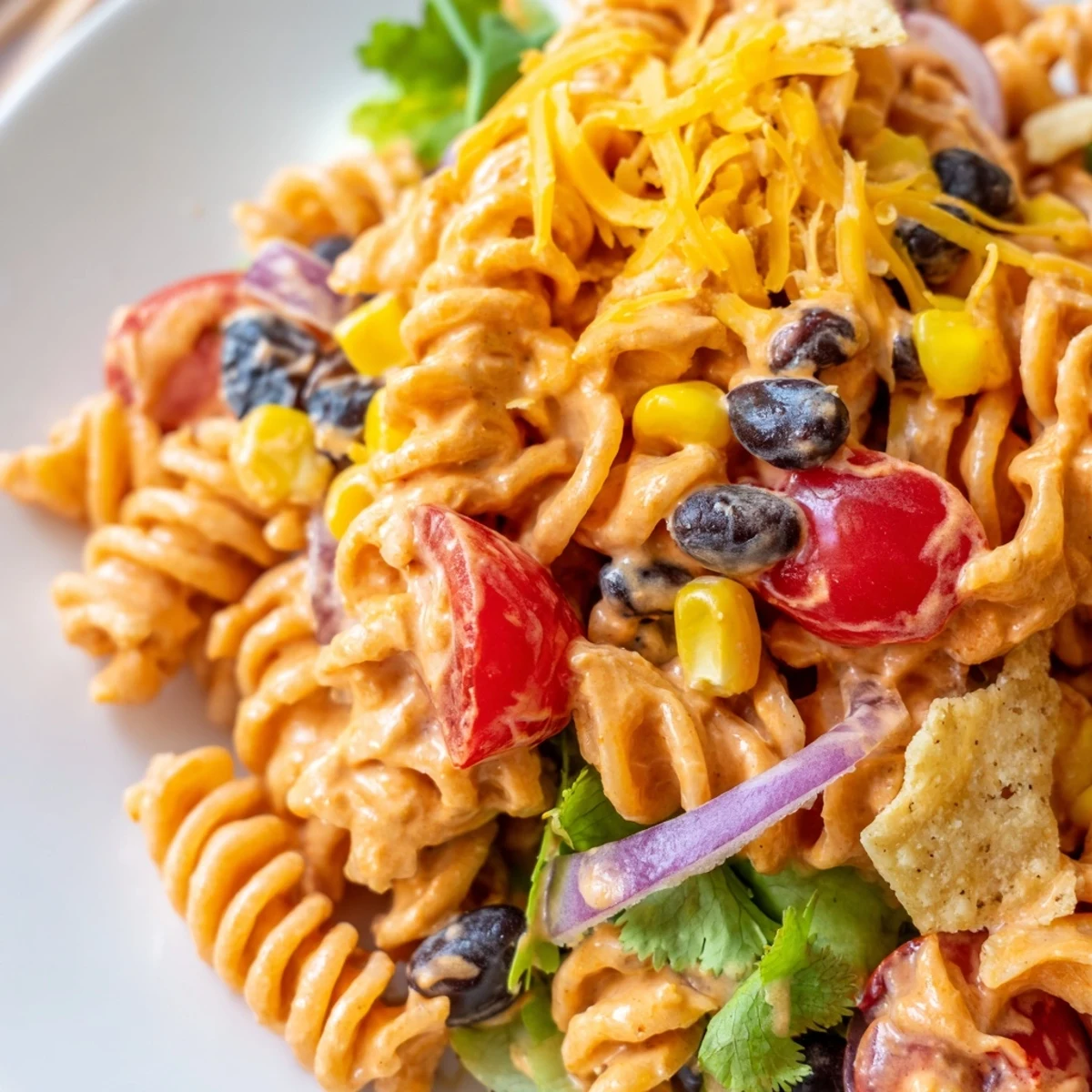 Creamy Taco Pasta Salad in a serving bowl with melted cheddar and fresh cilantro