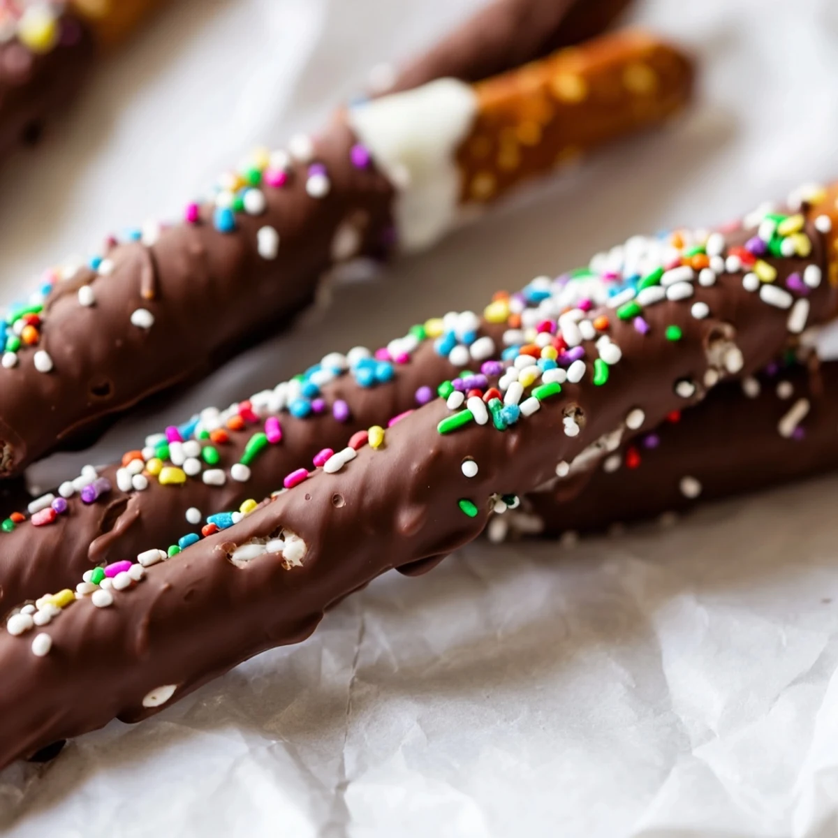 Chocolate covered pretzels for Easter topped with colorful pastel sprinkles on a white serving tray