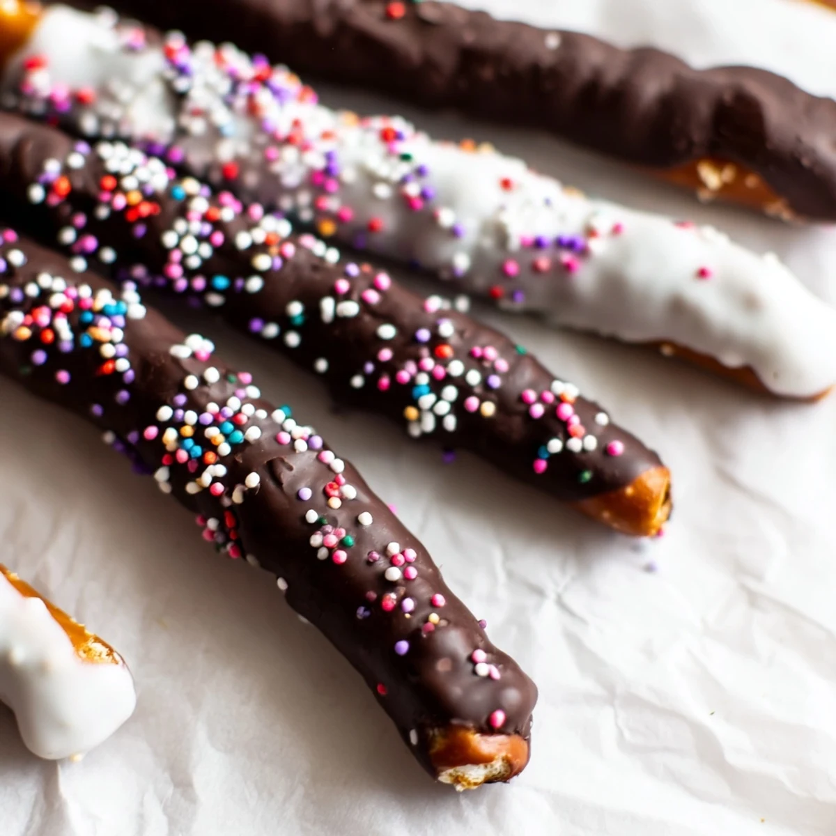 Pretzel rods dipped in glossy chocolate and decorated with festive spring sprinkles for Easter celebrations