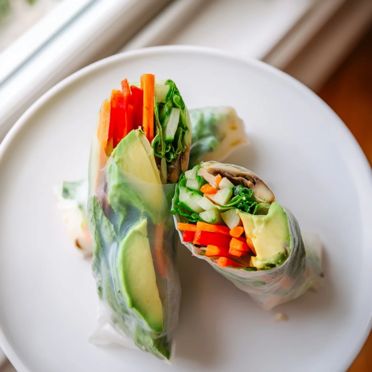 Creamy avocado shiitake spring rolls wrapped in translucent rice paper with crisp vegetables