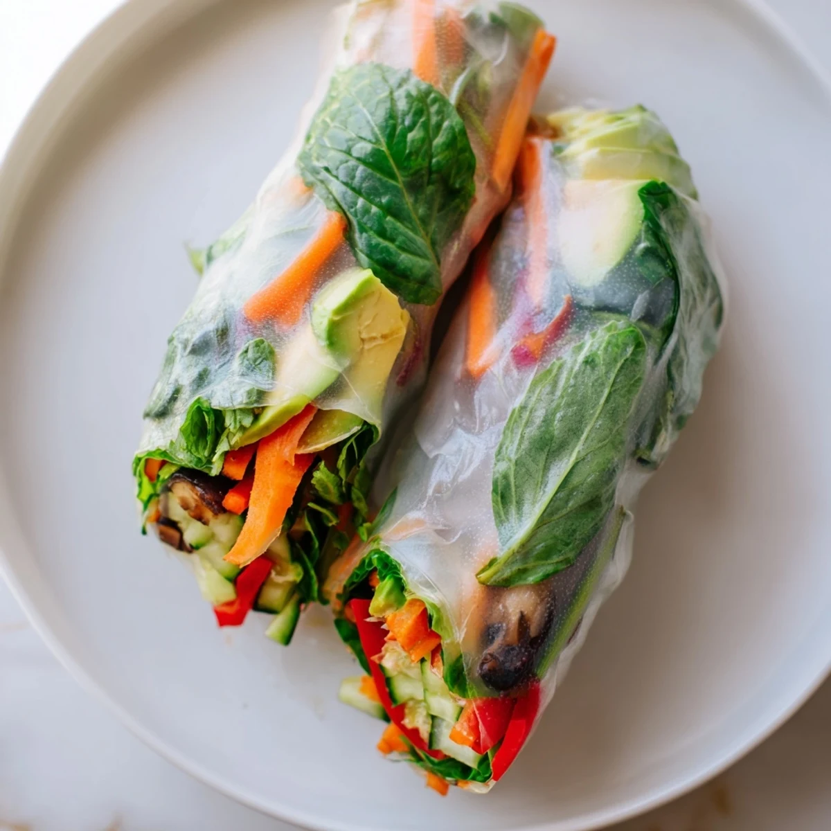 Avocado shiitake spring rolls filled with sautéed mushrooms and fresh herbs ready to serve