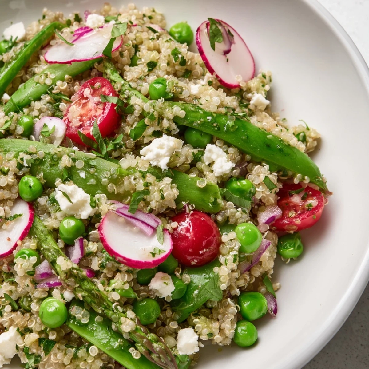 Spring vegetable quinoa salad in a white bowl with fresh asparagus and radishes