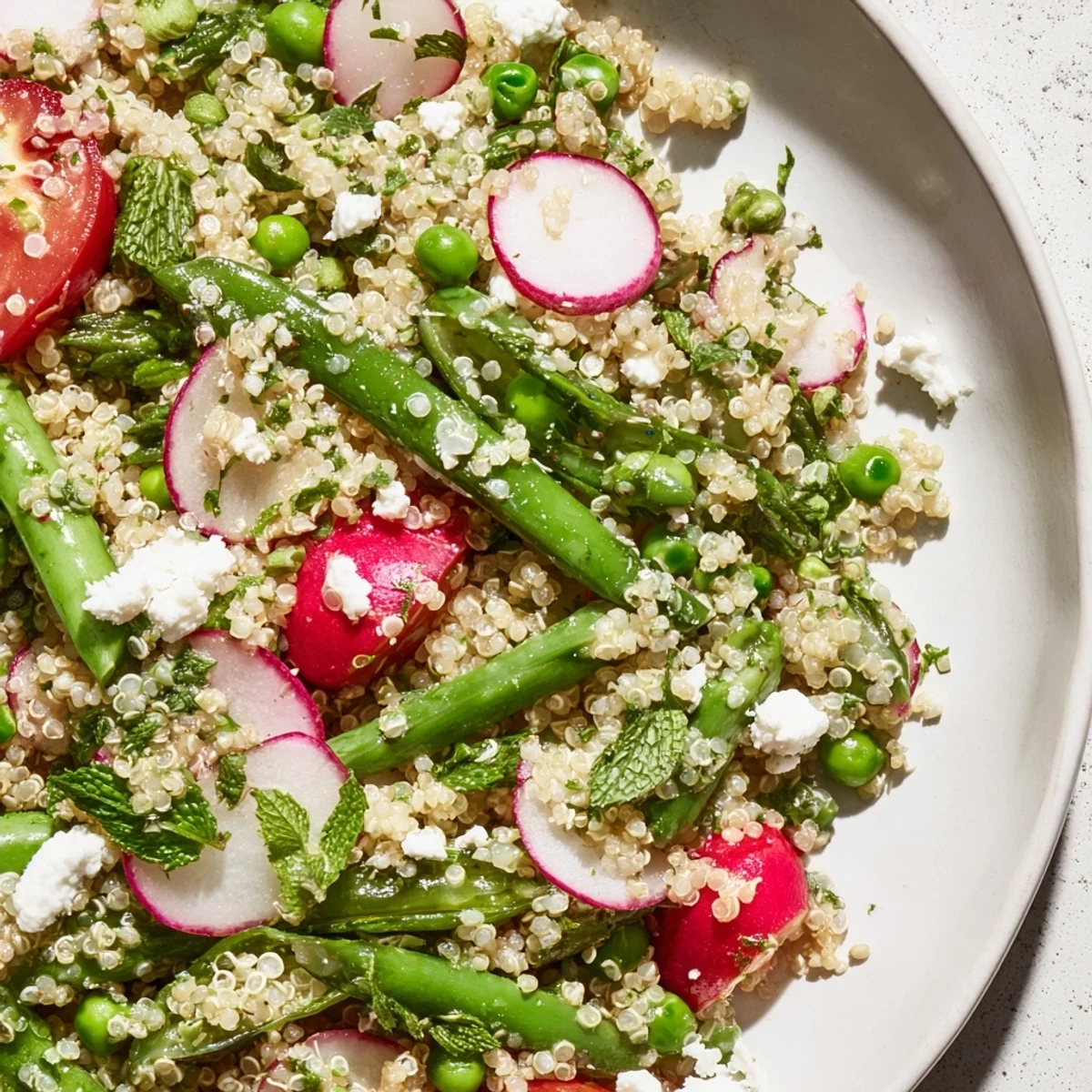 Colorful spring vegetable quinoa salad topped with crumbled feta and fresh mint