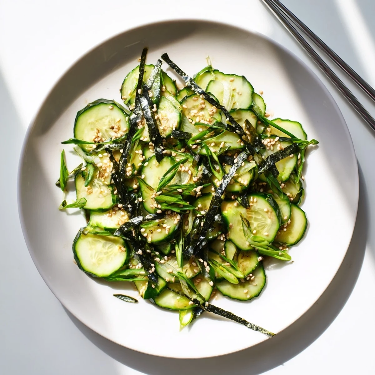 Crisp sushi cucumber salad glistening with rice vinegar dressing and toasted sesame seeds