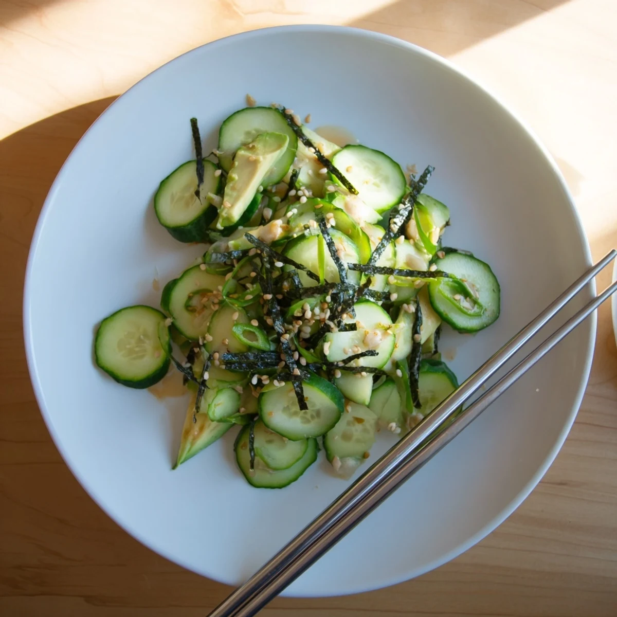 Thin cucumber slices tossed in tangy dressing topped with nori strips for this sushi cucumber salad
