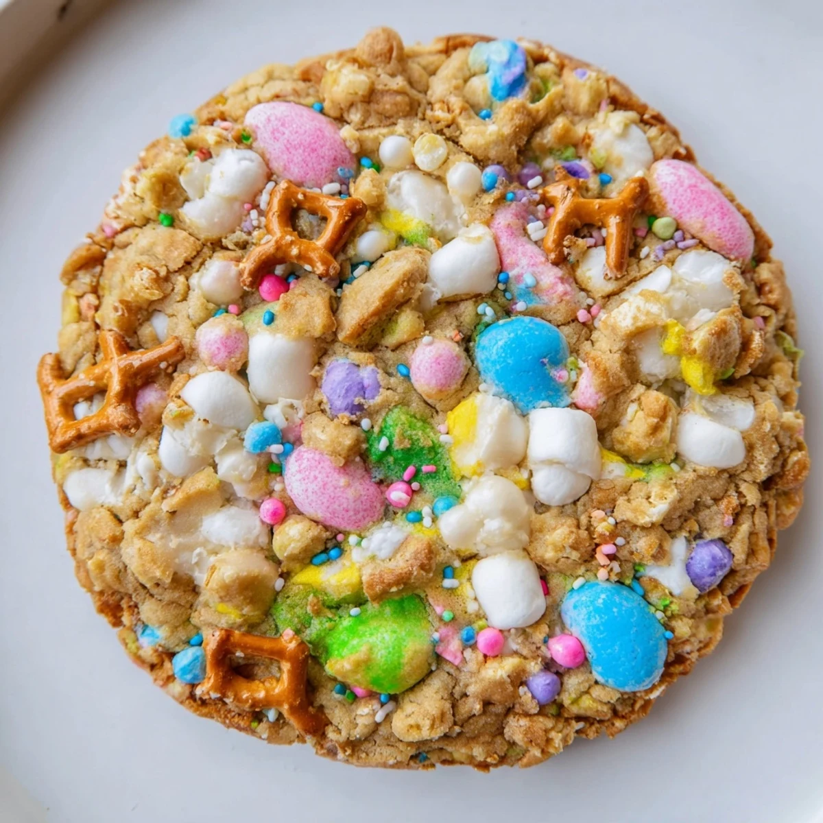 Colorful Easter Trash Cookies loaded with pastel candies, pretzels, and sprinkles on a rustic baking sheet