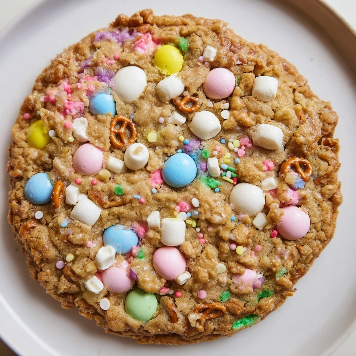 Chewy Easter Trash Cookies with crispy cereal, marshmallows, and candy-coated chocolates in every festive bite