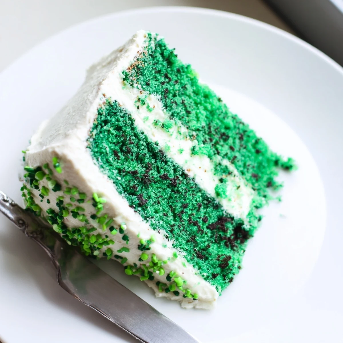 Vibrant green velvet cake layered with tangy cream cheese frosting on a white plate