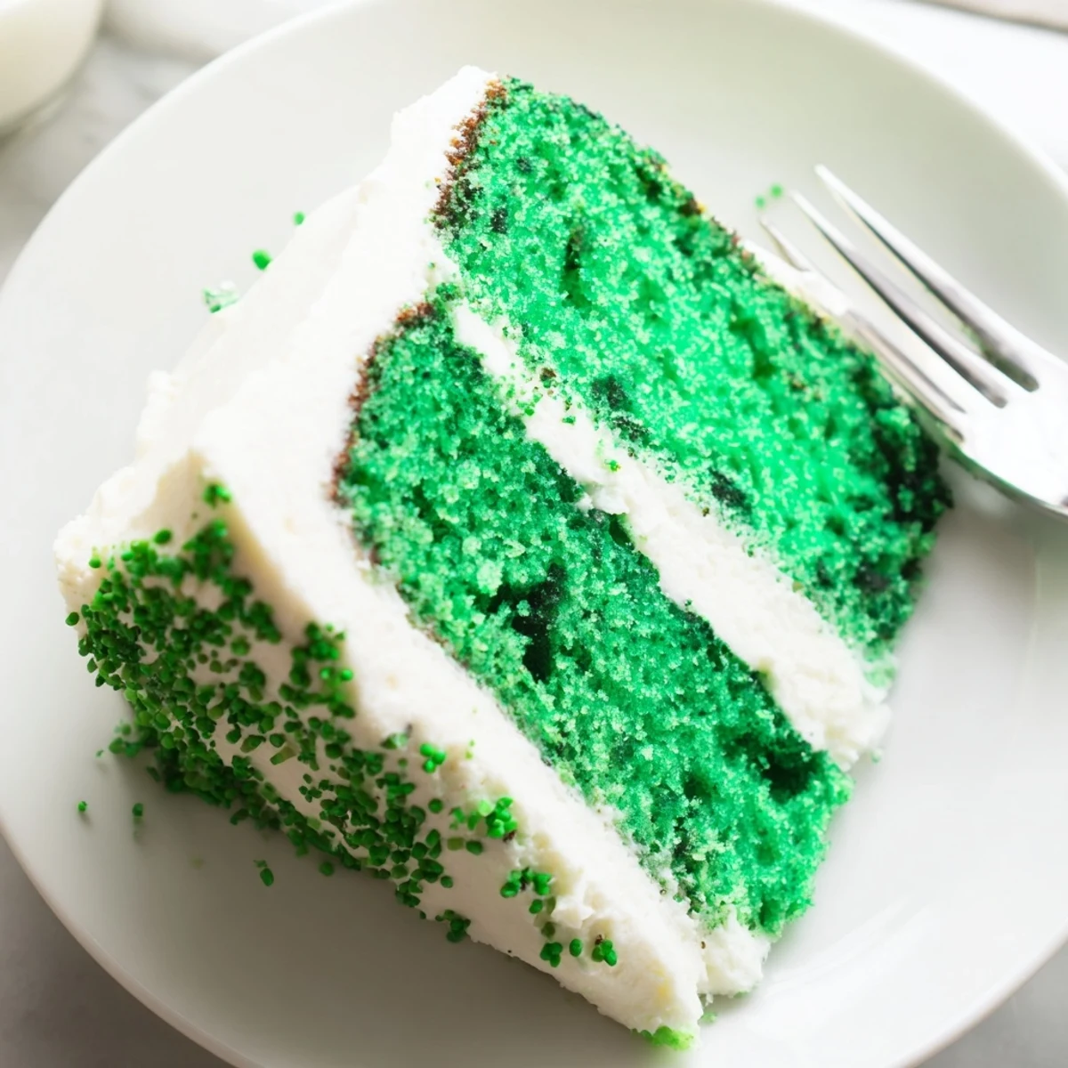 A slice of rich green velvet cake showing its soft emerald cocoa crumb