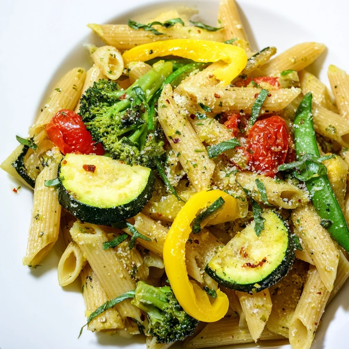 Colorful Pasta Primavera loaded with tender crisp vegetables in a light garlic sauce