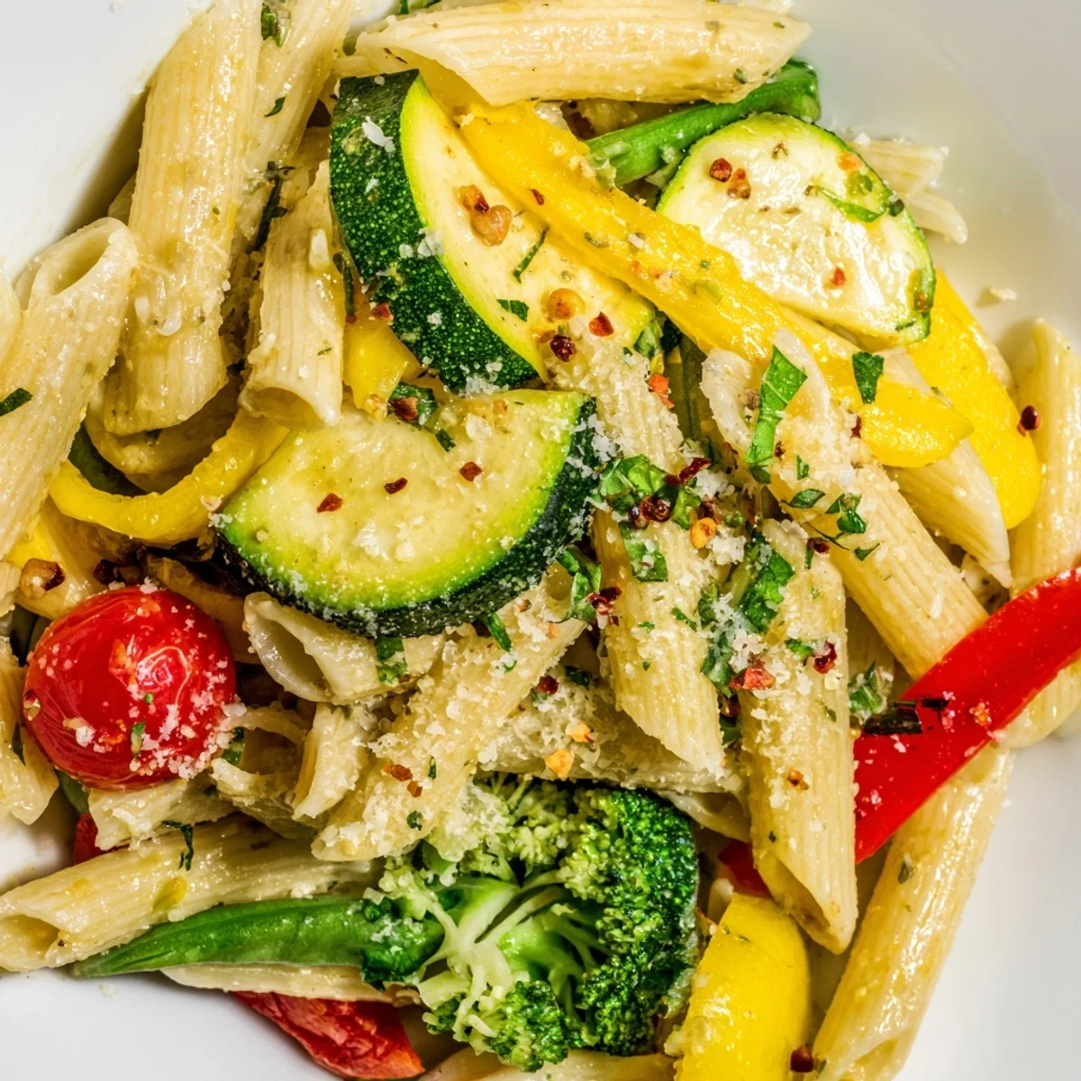 Creamy Pasta Primavera topped with fresh herbs and shaved Parmesan cheese