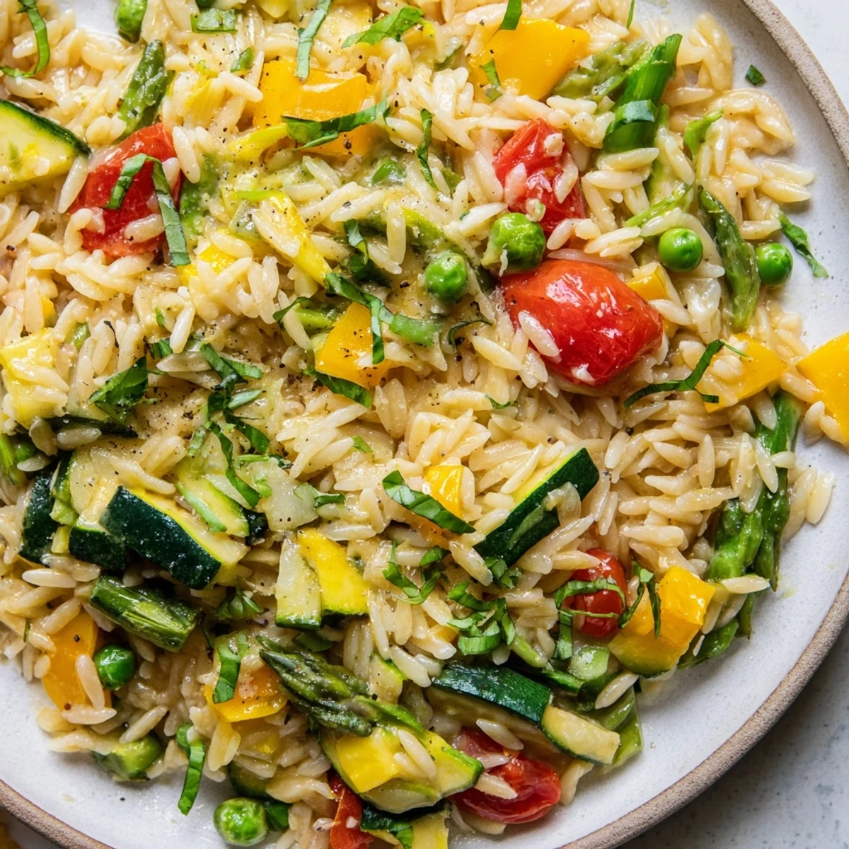 Creamy Orzo Primavera tossed with colorful spring vegetables and fresh herbs in skillet