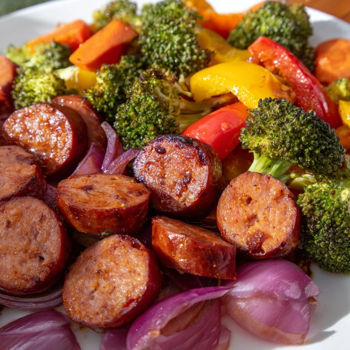 Caramelized honey garlic kielbasa with colorful roasted vegetables on a sheet pan