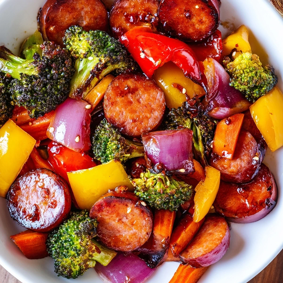 Smoky kielbasa slices glistening with sweet honey garlic glaze alongside tender crisp veggies