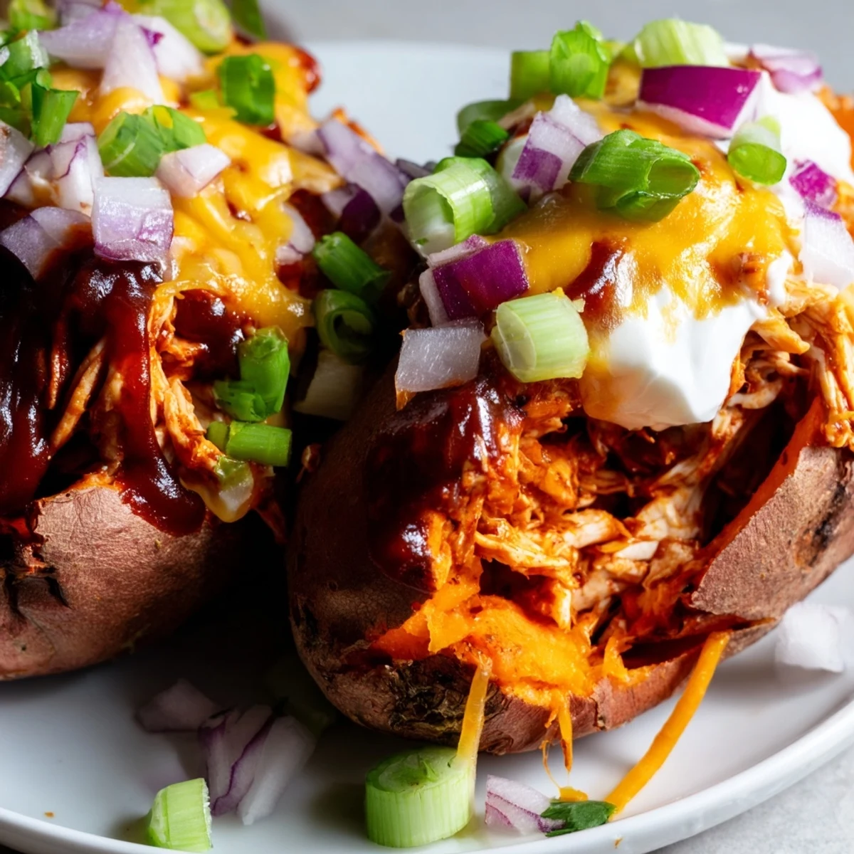 Tender roasted sweet potato split open and loaded with smoky BBQ chicken and melted cheddar cheese