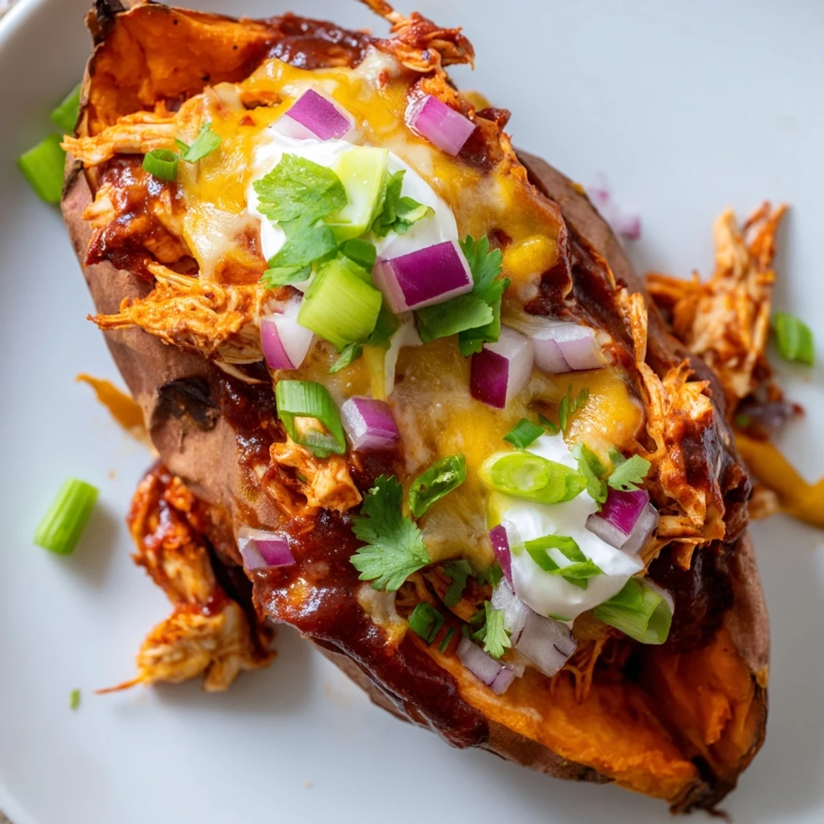 BBQ chicken stuffed sweet potatoes topped with green onions and a dollop of creamy sour cream