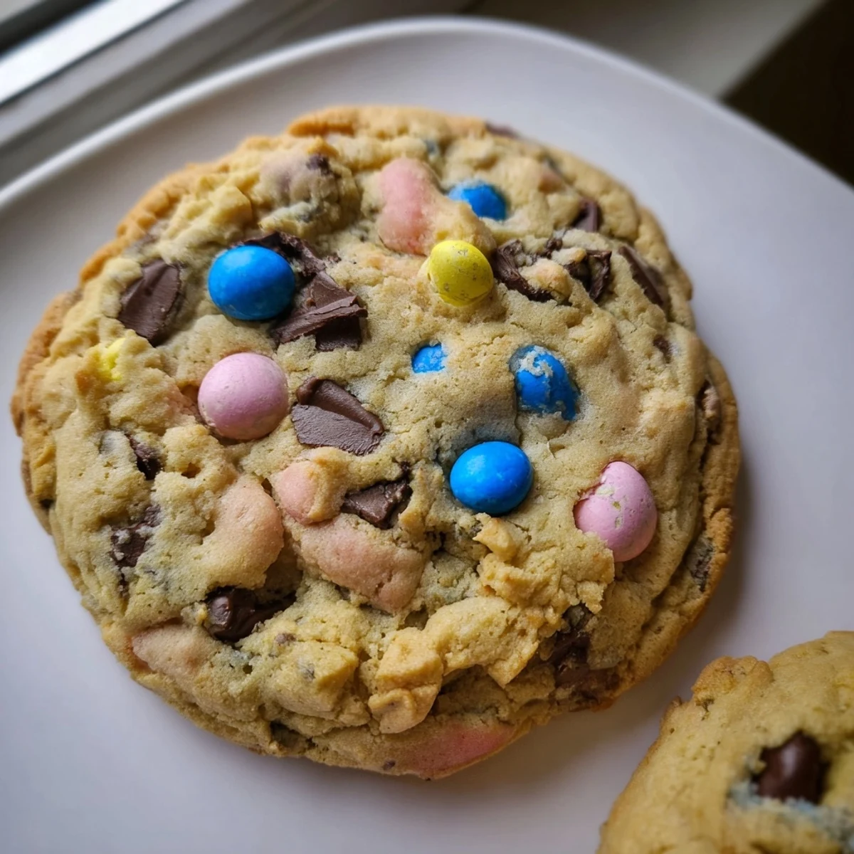 Chewy Cadbury Egg Cookies loaded with chocolate chips and pastel mini eggs close-up