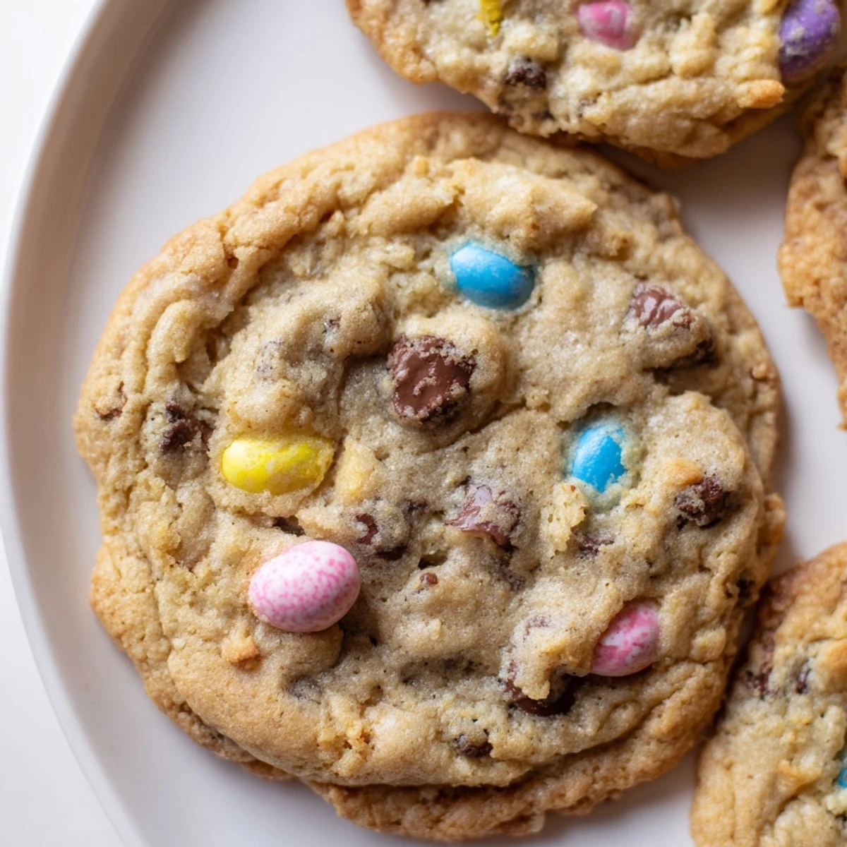 Soft Cadbury Egg Cookies with golden edges and colorful candy pieces on a rustic baking sheet