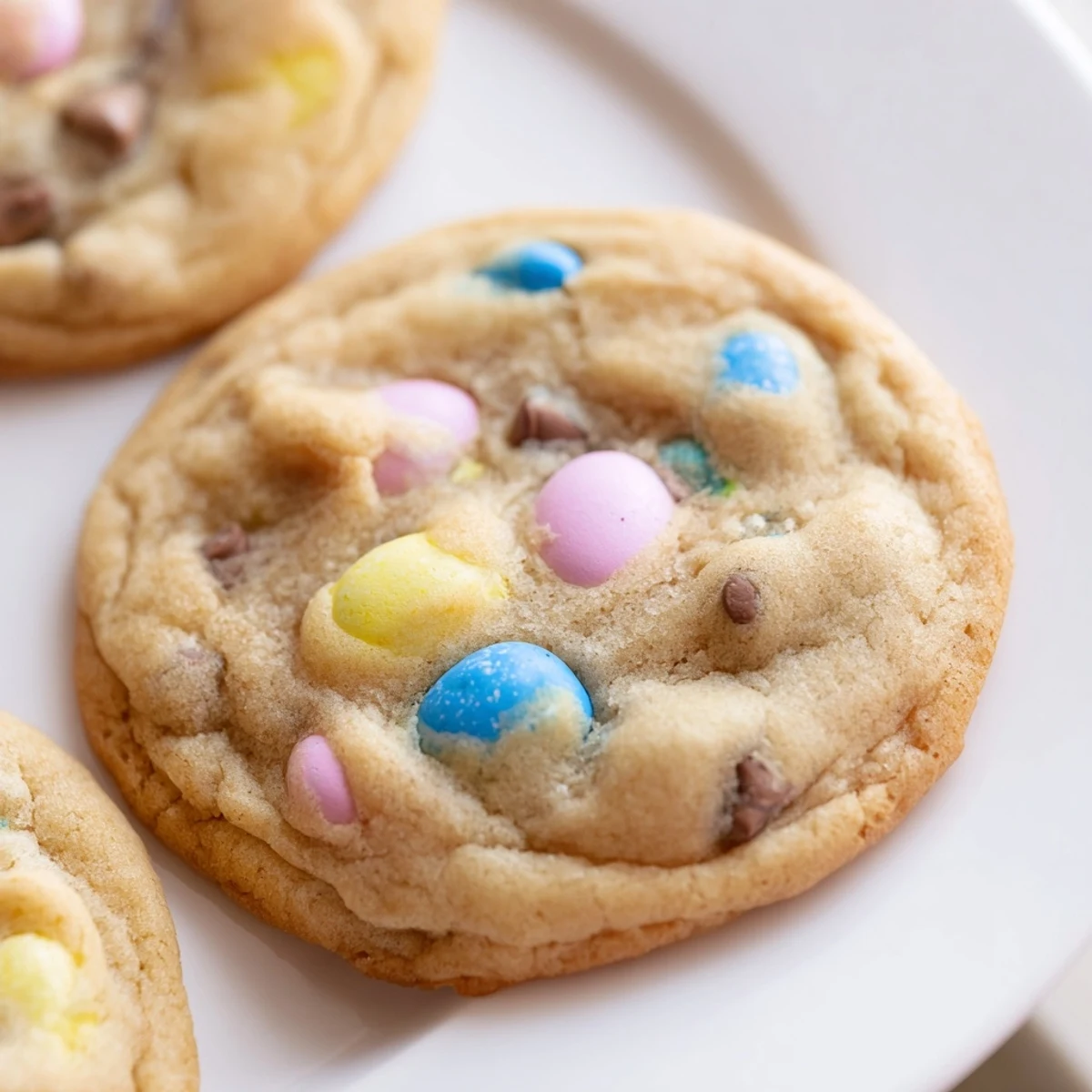 Warm Cadbury Egg Cookies fresh from the oven topped with melted chocolate and sprinkles