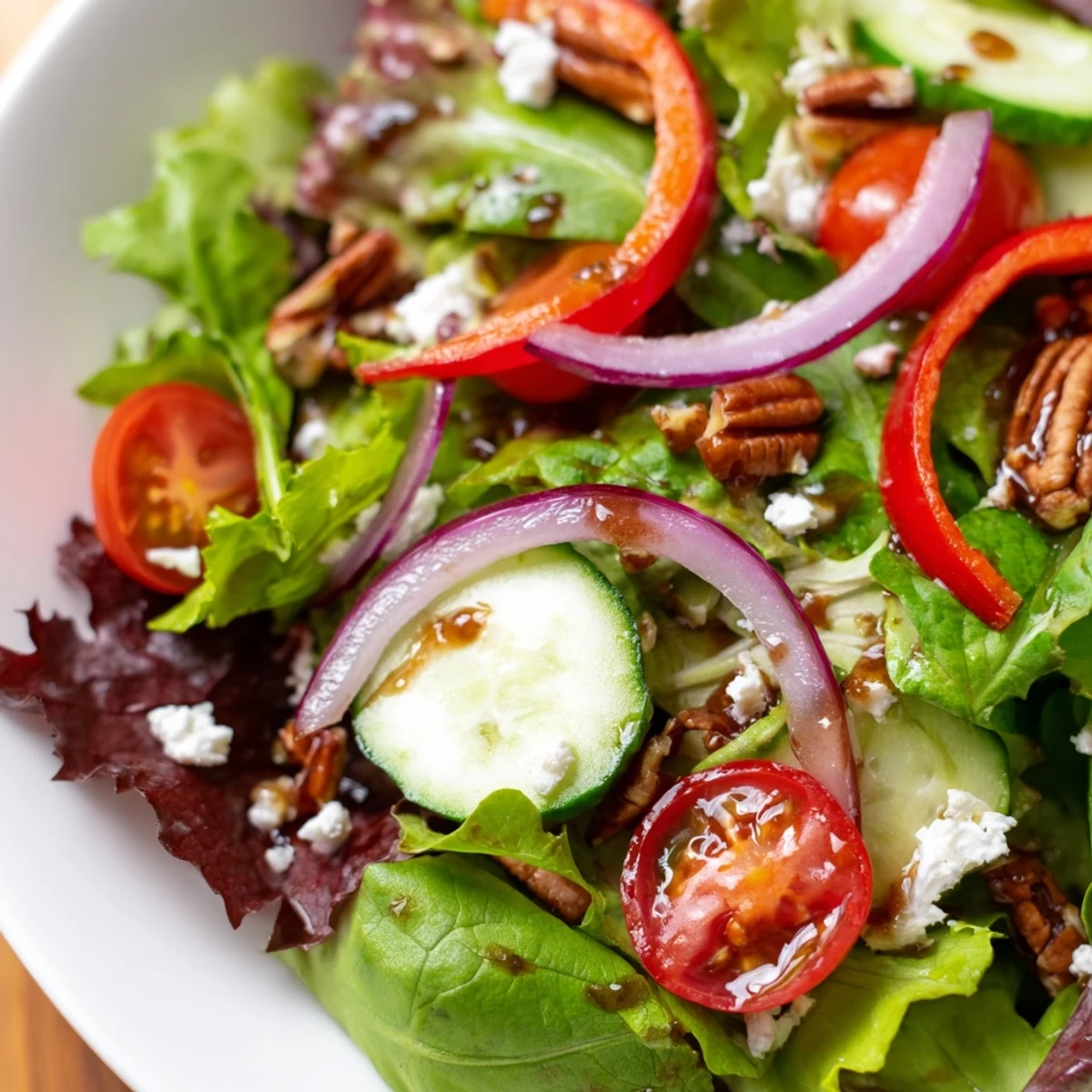 Spring mix salad featuring crisp cucumbers cherry tomatoes and tangy balsamic dressing