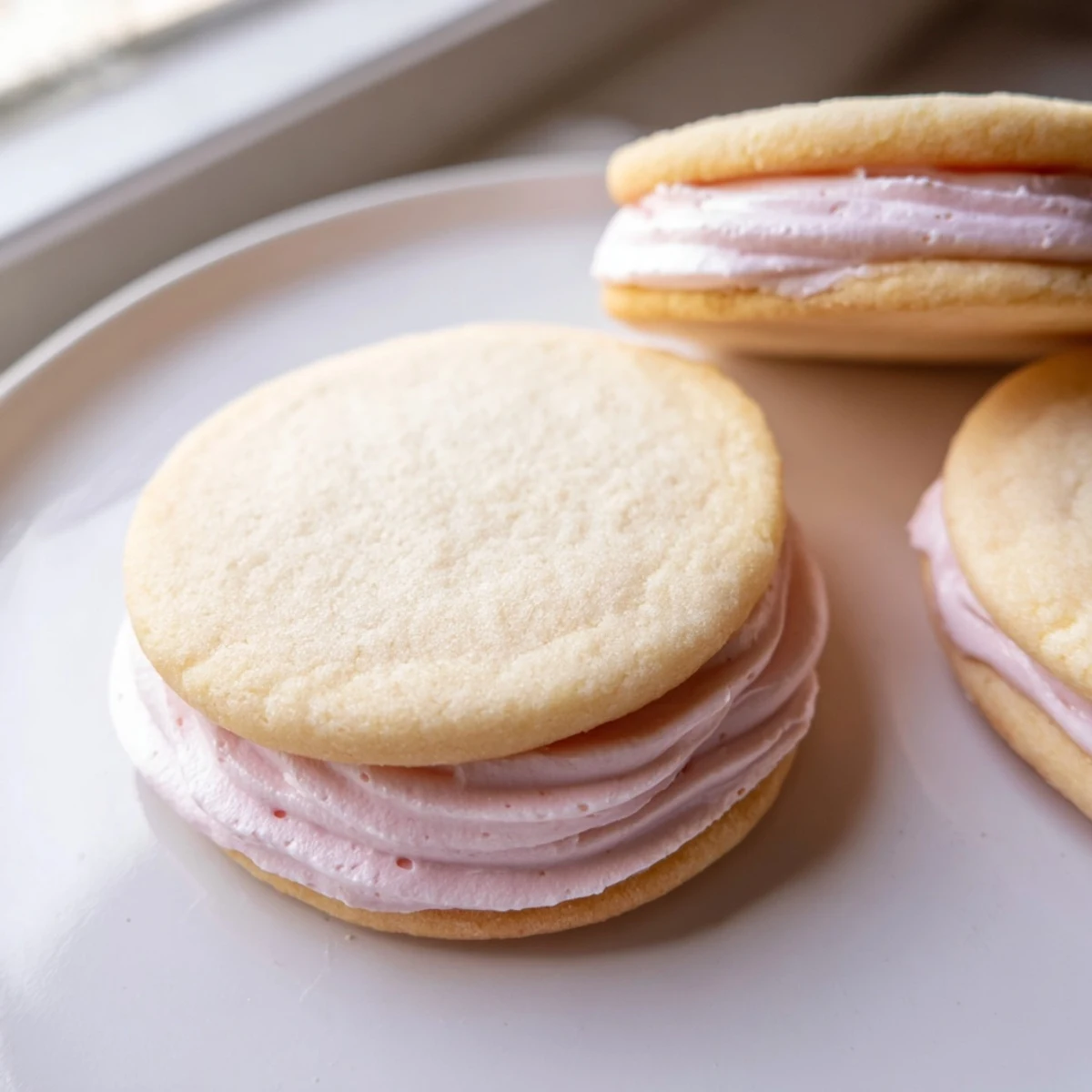 Delicate sugar cookie sandwiches filled with fluffy pink and lavender buttercream for spring