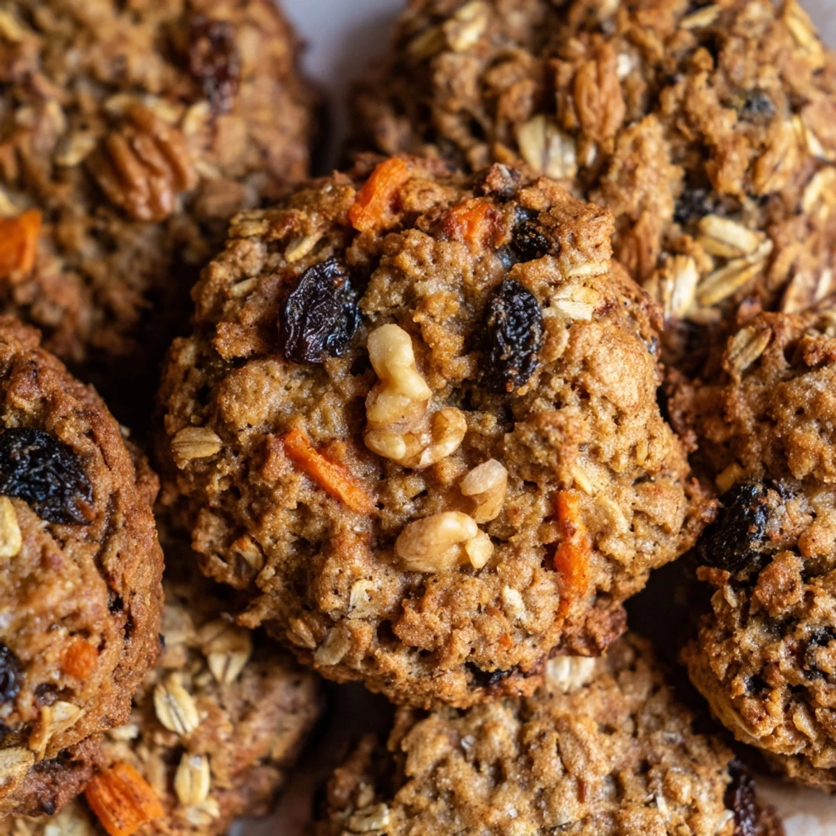 Chewy carrot cake cookies with visible oats and shredded carrots on rustic baking sheet