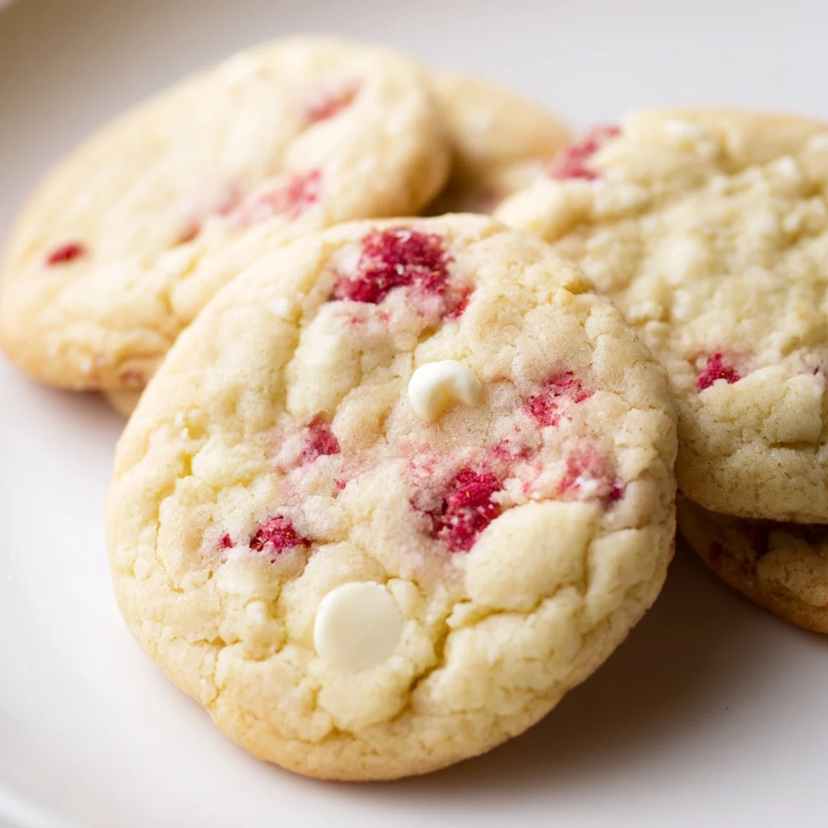 Golden lemon raspberry cookies with juicy berry bits scattered on a rustic white baking sheet