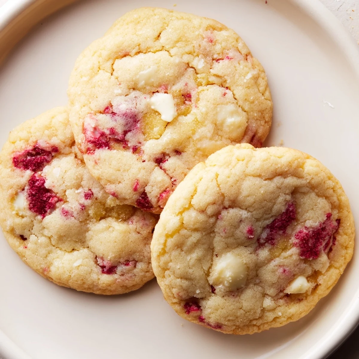 Soft chewy lemon raspberry cookies topped with melted white chocolate chips and fresh zest