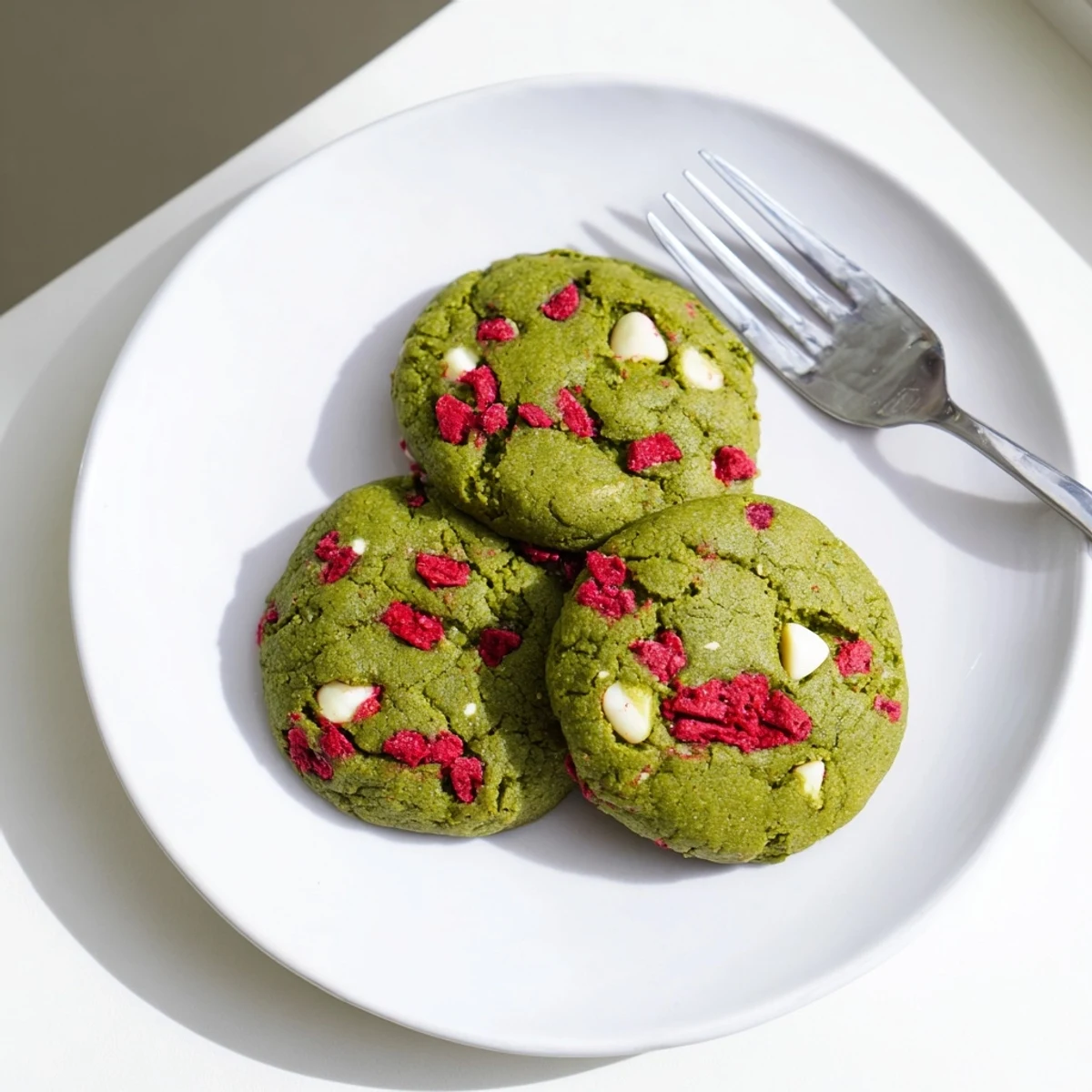Soft vibrant green strawberry matcha cookies with red fruit pieces scattered throughout