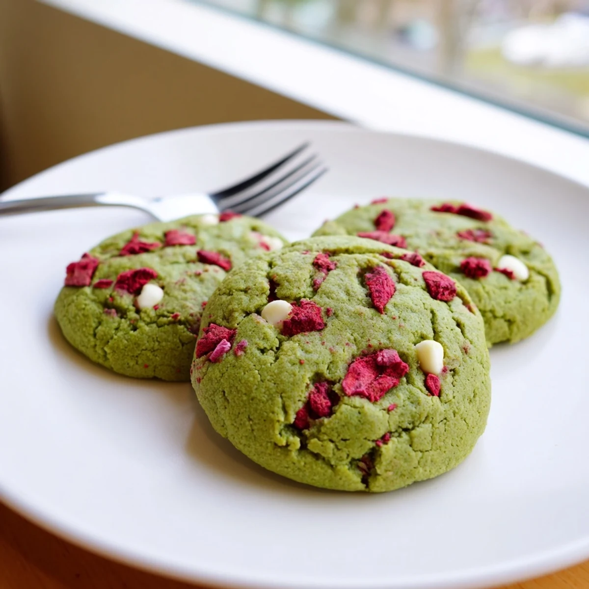 Chewy strawberry matcha cookies cooling on a wire rack with cracked edges