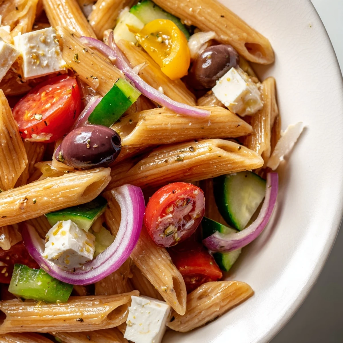 Greek pasta salad loaded with crisp cucumbers, juicy tomatoes, and tangy feta in a zesty herb dressing